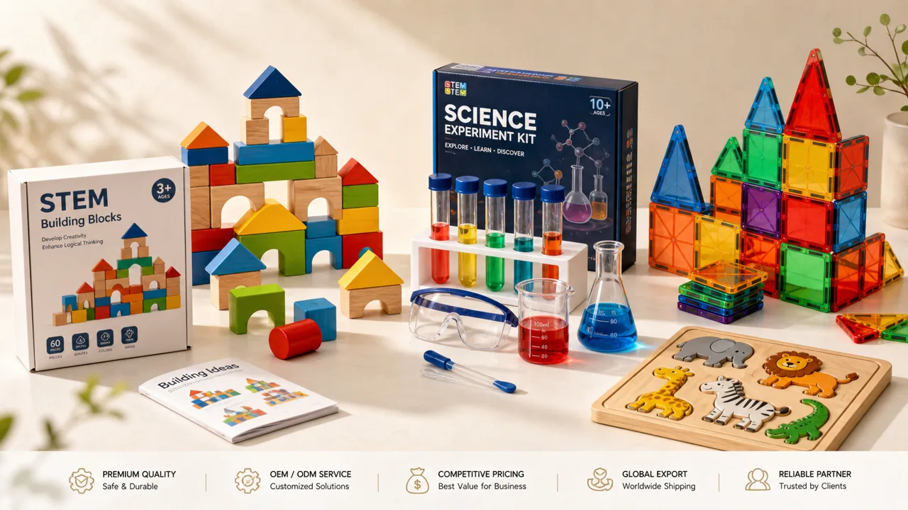 STEM and educational toys product collection including wooden building blocks and science kits — Canton Toys wholesale export