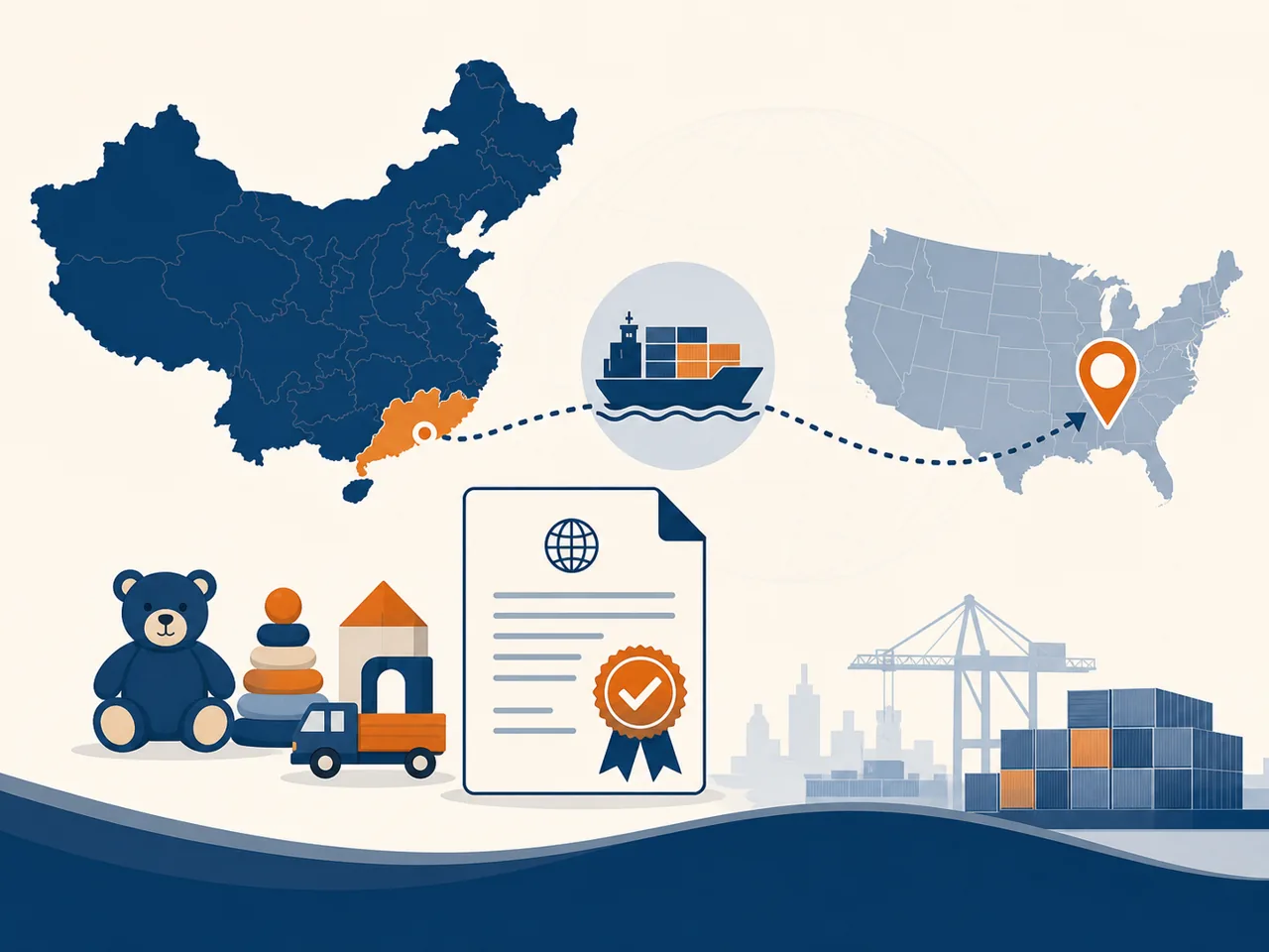 China to US toy export trade route illustration showing Guangdong sourcing and compliance pathway