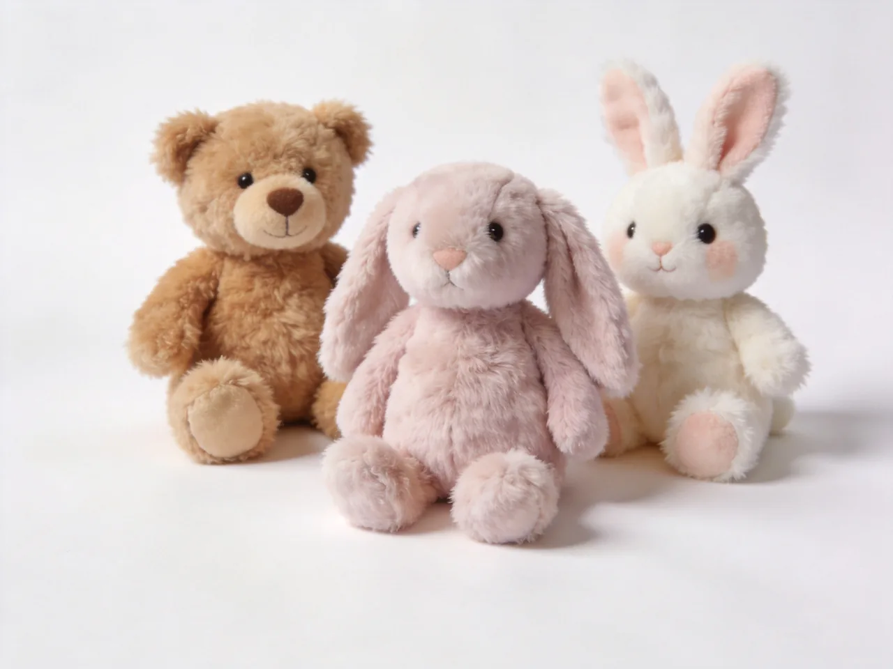 Plush stuffed animals and soft infant toys in pastel colors