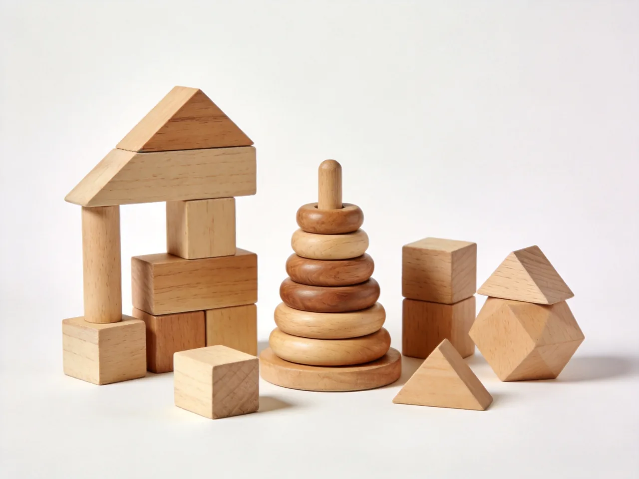 Natural wooden toys including stacking animals and building blocks